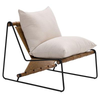 Poltrona Decorativa Turim Base Aço Preto Recouro Camel Linho Off White - Nexta Casa