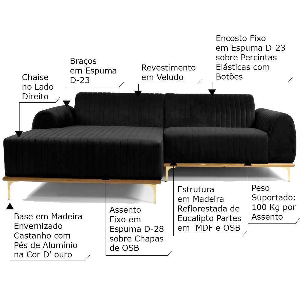 Sofá 4 Lugares com Chaise Euro 265 cm Veludo Preto - 4