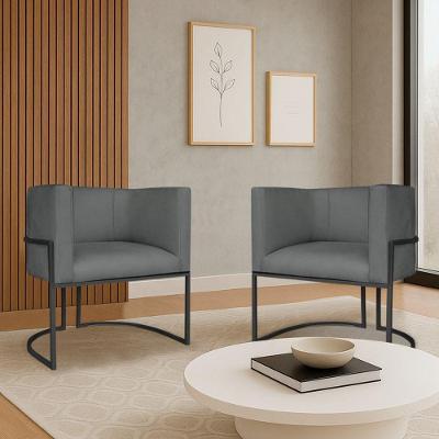 Kit 2 Poltronas Dália Luxo Moderna Estofada Design Sofisticado Com Base De Ferro Preto Suede Cinza
