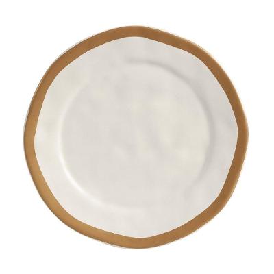 Prato Raso De Cerâmica Amassada Bege Com Filet Dourado Gold Scalla 27cm