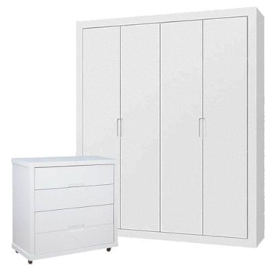 Guarda Roupa Infantil 4 Portas Tutto New Branco Acetinado e Cômoda Gaveteiro