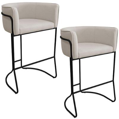 Kit 02 Banquetas Alta Com Encosto Betina Base Preto Poliéster Off White - Nexta Casa