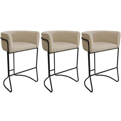Kit 03 Banquetas Alta Com Encosto Betina Base Preto Linho Areia - Nexta Casa