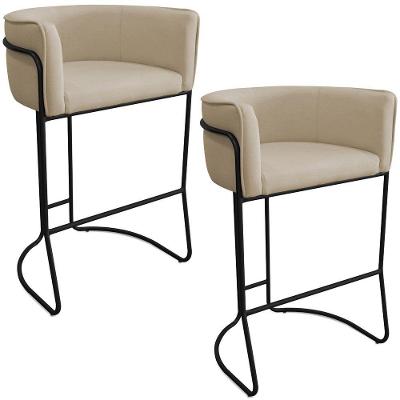 Kit 02 Banquetas Alta Com Encosto Betina Base Preto Linho Areia - Nexta Casa