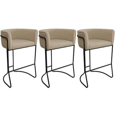 Kit 03 Banquetas Alta Com Encosto Betina Base Preto Linho Bege - Nexta Casa