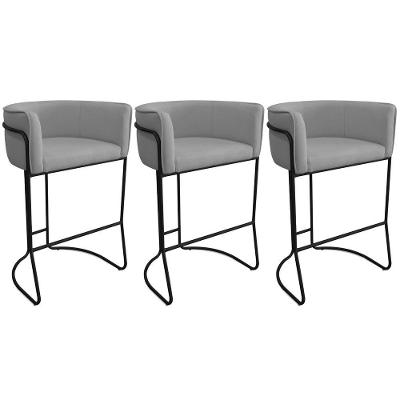 Kit 03 Banquetas Alta Com Encosto Betina Base Preto Poliéster Cinza - Nexta Casa