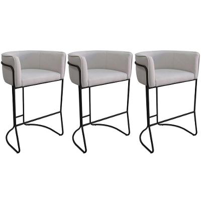 Kit 03 Banquetas Alta Com Encosto Betina Base Preto Linho Gelo - Nexta Casa