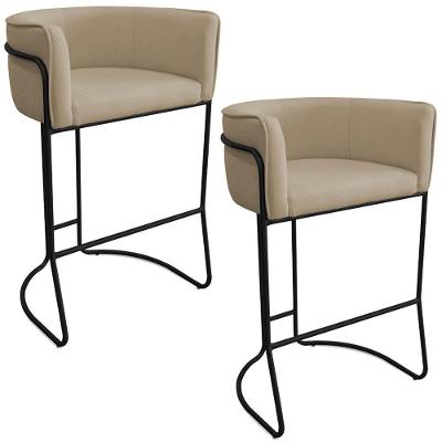 Kit 02 Banquetas Alta Com Encosto Betina Base Preto Linho Bege - Nexta Casa