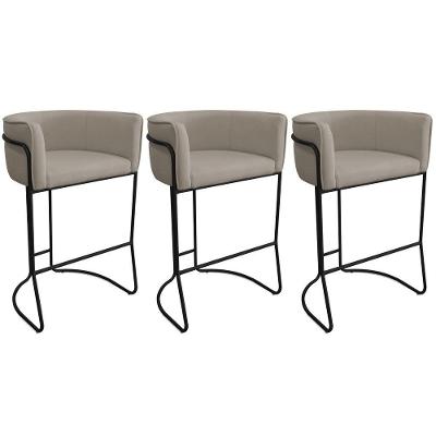 Kit 03 Banquetas Alta Com Encosto Betina Base Preto Poliéster Bege Escuro - Nexta Casa