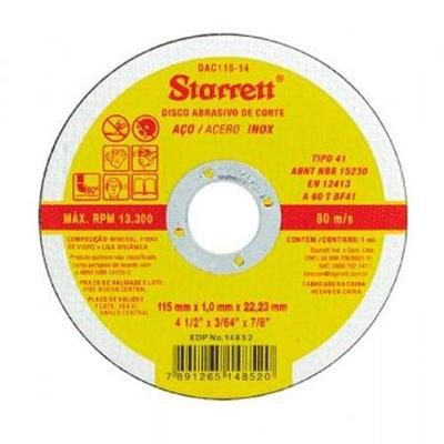 Disco De Corte Aço 115mm X 1mm - Starrett Para Aço Carbono E Inox