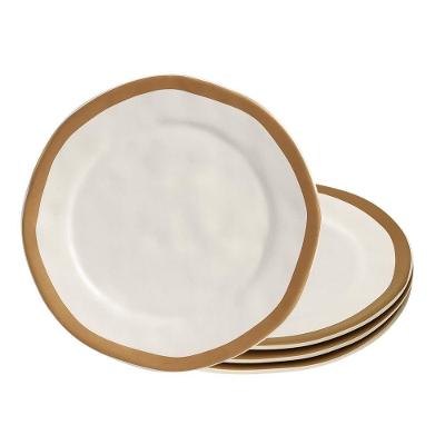 Jogo 4 Prato Raso De Cerâmica Amassada Bege Com Filet Dourado Gold Scalla 27cm