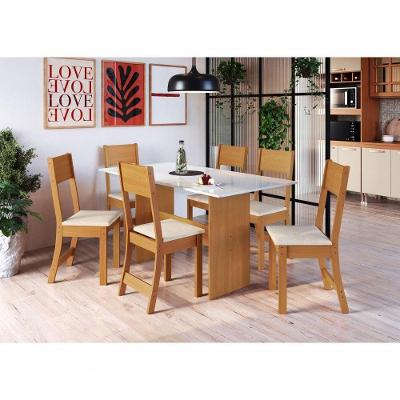 Conjunto Sala De Jantar Retangular Mesa 150cm Karla Com 06 Cadeiras Freijó/ Off White Indekes Freijó/off White