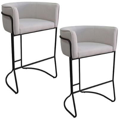 Kit 02 Banquetas Alta Com Encosto Betina Base Preto Linho Gelo - Nexta Casa