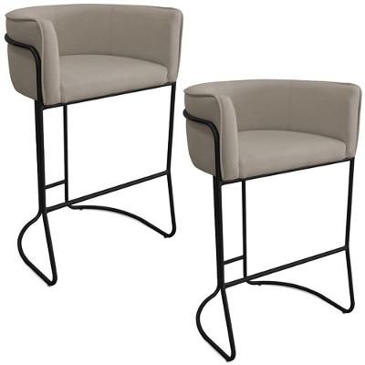 Kit 02 Banquetas Alta Com Encosto Betina Base Preto Poliéster Bege Escuro - Nexta Casa