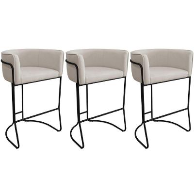 Kit 03 Banquetas Alta Com Encosto Betina Base Preto Poliéster Off White - Nexta Casa