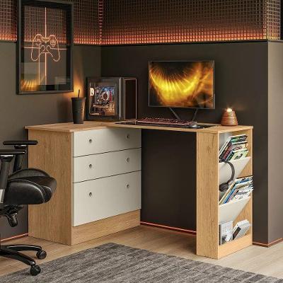 Cômoda Escrivaninha 2 em 1 em l Moderno 3 Gavetas MDF Preto Vermelho