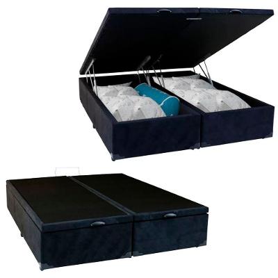 Box Baú Queen Bipartido Suede Mega Cama Preto 158x198x45
