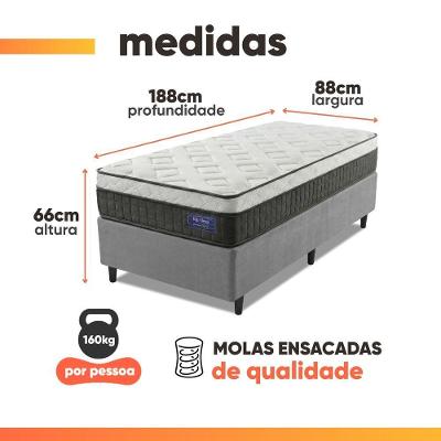 Cama Box Colchão Solteiro Molas Ensacadas Euro In Atlantic 88x188x66cm Cinza