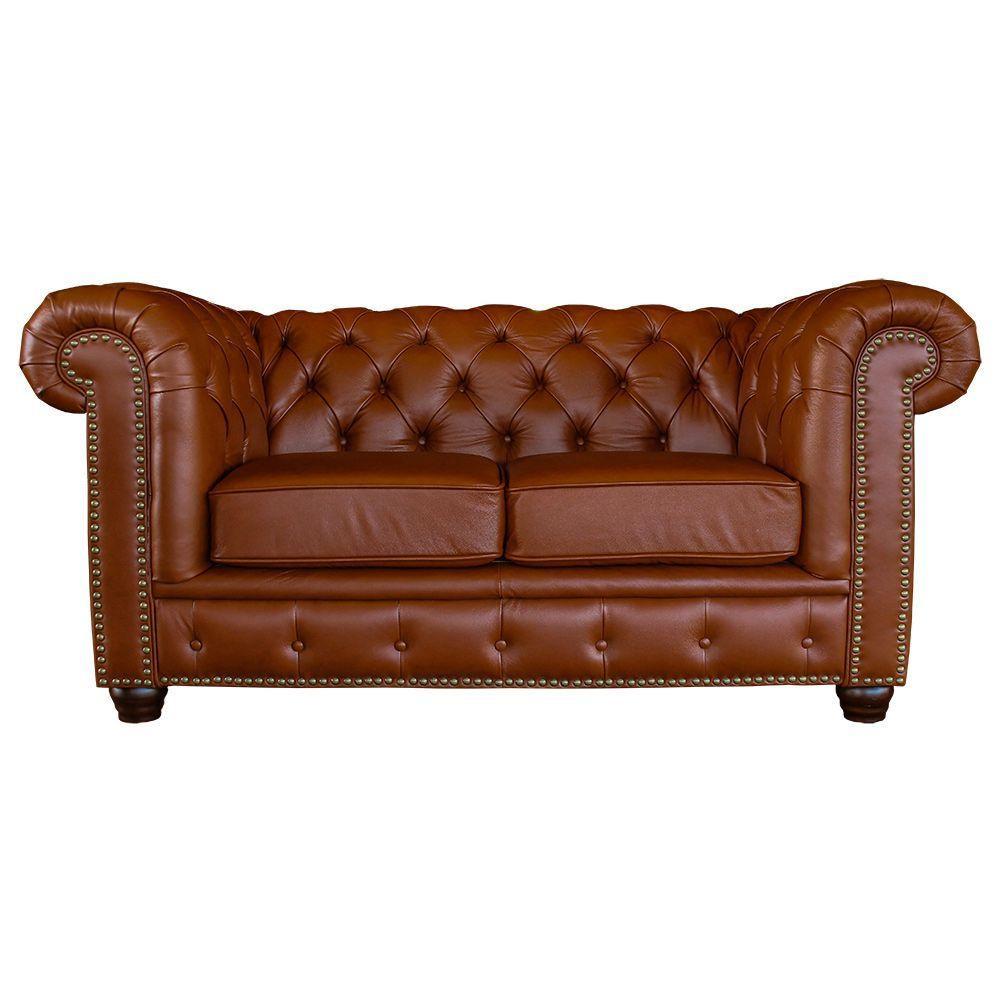 Sofá 2 Lugares com Pés Madeira Couro Conhaque Brilho - 1