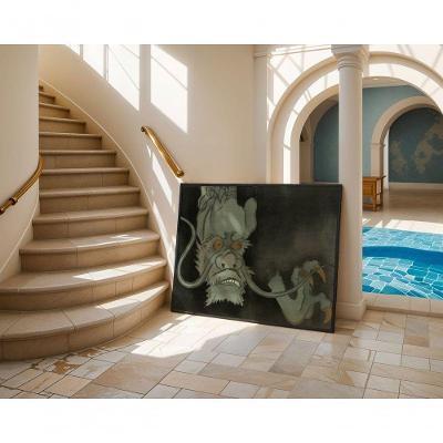 Quadro Decorativo a Canção do Dragão Celestial Retangular 60 X 90 com Moldura de Madeira Amadeirado