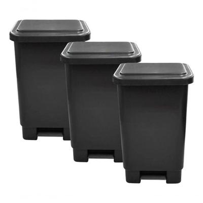 Kit 3 Lixeira com Tampa e Pedal Retangular 50L Polipropileno com Aro e Haste de Metal Preto