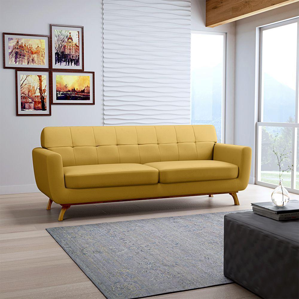Sofá 3 Lugares Miami Veludo Mostarda Base Fixa de Madeira - 4
