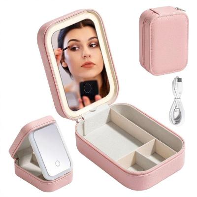 Mini Maleta De Maquiagem Com Espelho Led Recarregável Usb - Rosa