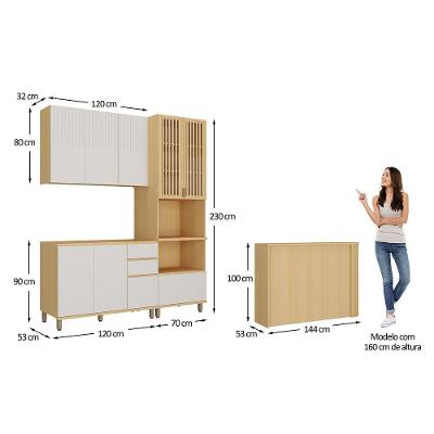 Cozinha Compacta Aura 8 Portas 3 Gavetas MDF 334cm Cinza Carvalho Uv Cris Pet