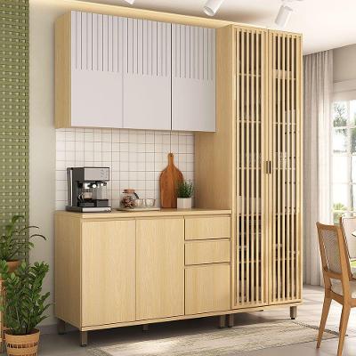 Cozinha Compacta 100% Mdf 3 Pçs Cristaleira 190cm Aura Carvalho Uv-cinza Cristal Pet