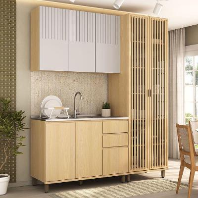 Cozinha Compacta 100% Mdf 3 Pçs Cristaleira 190cm Aura Luci Carvalho Uv-cinza Cristal Pet