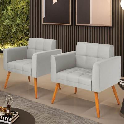 Kit 2 Poltronas Sala Decorativa Elisa Pés Palito Sintético Cinza D'Rossi