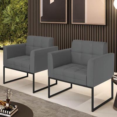 Kit 2 Poltronas Sala Decorativa Elisa Base Industrial Principal Sintético Grafite Preto D'Rossi