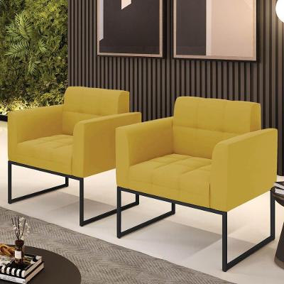 Kit 2 Poltronas Elisa Sala Decorativa Base Industrial Veludo Mostarda Preto D'Rossi