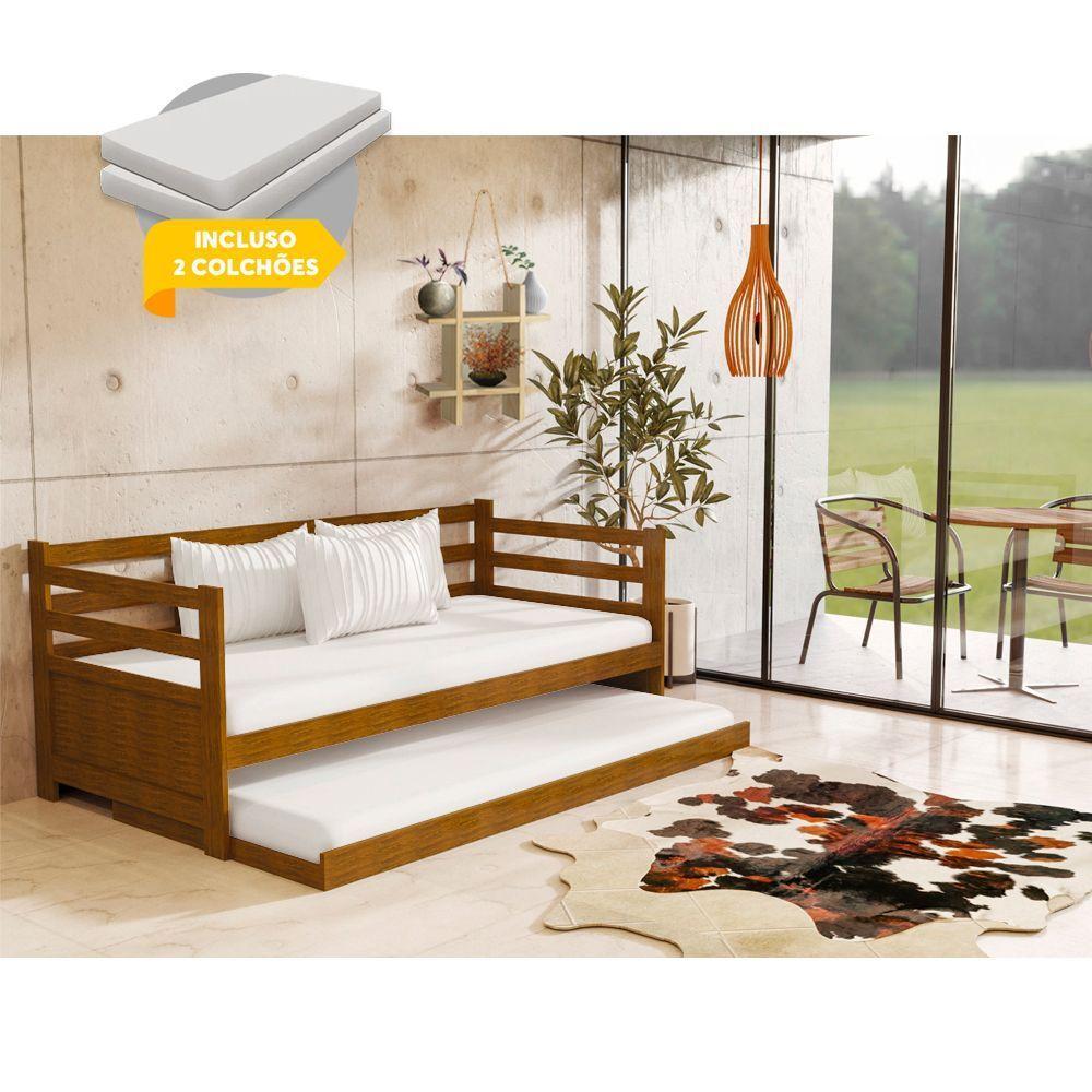 Sofá Cama Em Madeira Maciça + 2 Colchões Enjoy Rustico - Imbuia - Cor: Marrom - 1