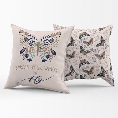 Par De Capas De Almofadas Estampadas Borboleta Azul Marinho/caqui 45cm X 45cm - Decoração Para Quarto