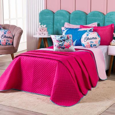 Kit Cobre Leito Stich Pink/rosa Dupla Face Com Almofadas Casal Padrão 07 Peças - Decoração Infantil Juvenil Personagem