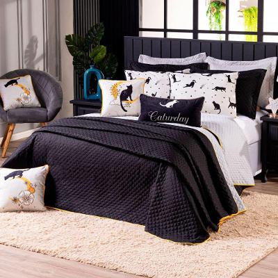 Kit Cobre Leito Gatos Preto/cinza Dupla Face Com Almofadas Solteiro 05 Peças - Decoração Gatinhos Estrelas Lua