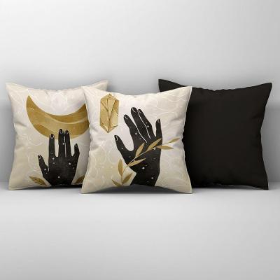 Kit Trio Capas De Almofadas Estampadas Folhas Em Veludo Suede 45cm X 45cm - Decoração Para Sala Cor Preto