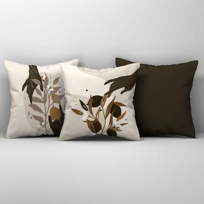 Kit Trio Capas De Almofadas Estampadas Folhas Em Veludo Suede 45cm X 45cm - Decoração Para Sala Cor Tabaco