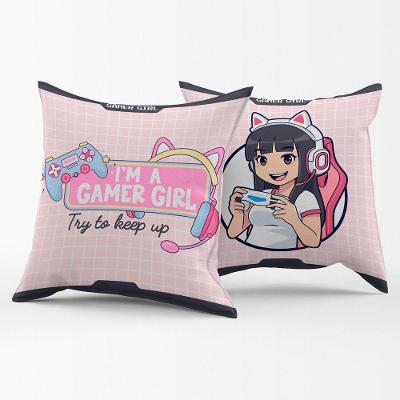 Par De Almofadas Estampadas Cheias Girl Gamer Rosa 45cm X 45cm - Enchimento Refil Em Silicone