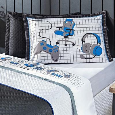 Jogo De Cama Game Streamer Branco/azul Queen 04 Peças - Percal 200 Fios