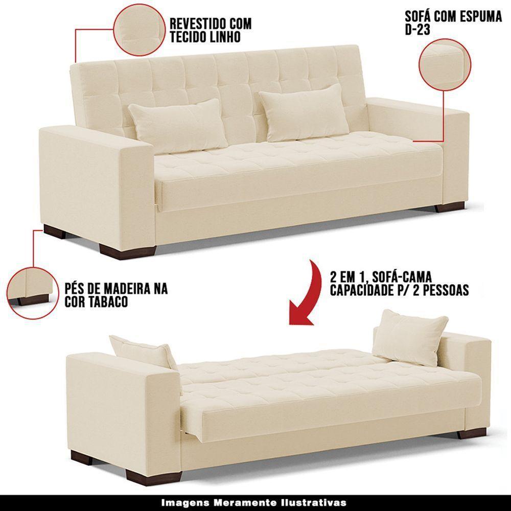 Sofá Cama Decorativo 210Cm Beesley Linho Bege - Gran Belo - 6