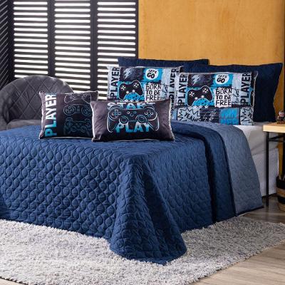Kit Cobre Leito Colcha Casal Best Player Azul Marinho Com Almofadas Estampadas 07 Peças - Dupla Face Percal 300 Fios