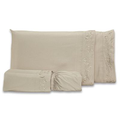 Jogo De Cama Lençol Blossom Bordado Floral Percal 300 Fios Com Fronhas Queen 04 Peças - Toque Acetinado Cor Caqui