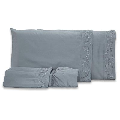 Jogo De Cama Lençol Blossom Bordado Floral Percal 300 Fios Com Fronhas Queen 04 Peças - Toque Acetinado Cor Cinza