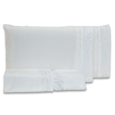 Jogo De Cama Lençol Blossom Bordado Floral Percal 300 Fios Com Fronhas Queen 04 Peças - Toque Acetinado Cor Branco