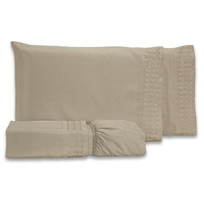 Jogo De Cama Lençol Harmony Bordado Geométrico Percal 300 Fios Com Fronhas Queen 04 Peças - Toque Acetinado Cor Caqui