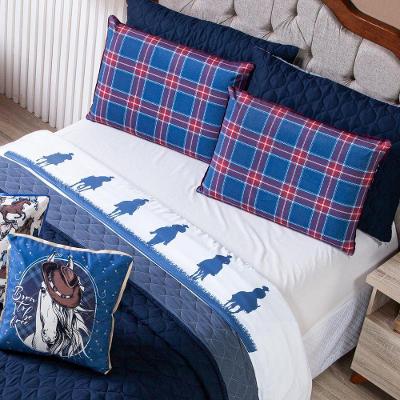 Jogo De Cama Lençol King Country Com Fronhas Estampadas 04 Peças - Tecido Percal 200 Fios Cor Azul