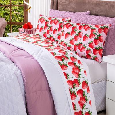 Jogo De Cama Lençol King Morangos Branco Com Fronhas E Virol Estampados 04 Peças - Tecido Percal 200 Fios