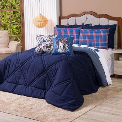 Kit Edredom Queen Country Com Almofadas Estampadas 07 Peças - Dupla Face Percal 300 Fios Cor Azul